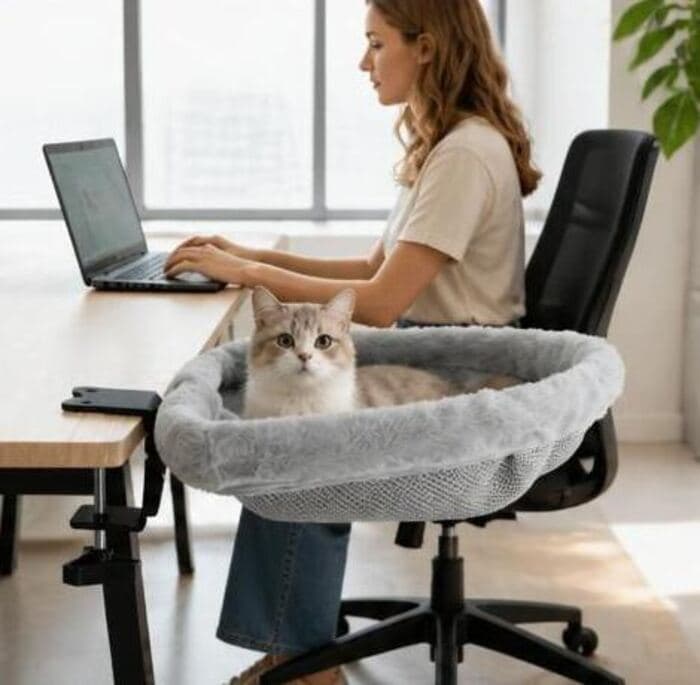 Gato en el nido EMIRA sobre un escritorio, junto a una persona trabajando en su notebook